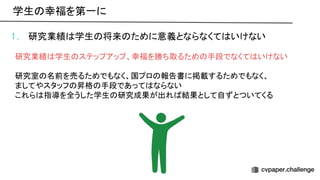 1. 研究業績 学生 将来 ために意義とならなくて いけない
研究業績 学生 ステップアップ、幸福を勝ち取るため 手段でなくて いけない
研究室 名前を売るためでもなく、国プロ 報告書に掲載するためでもなく、
ましてやスタッフ 昇格 手段であって ならない
これら 指導を全うした学生 研究成果が出れ 結果として自ずとついてくる
学生 幸福を第一に 
 