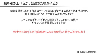 研究室運営において永遠 テーマとなる がレベル 底を引き上げる か、
出る杭を たすら引き伸 す かということです
これら 必ずトレードオフ 関係であり、どういい塩梅で
やっていくかが重要になってきます
何十年も培ってきた森島研における研究方針をご紹介します
底を引き上げるか、出過ぎた杭を作るか 
 