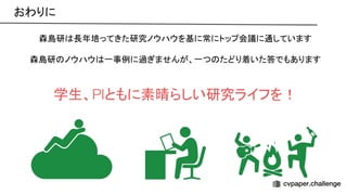 森島研 長年培ってきた研究ノウハウを基に常にトップ会議に通しています
森島研 ノウハウ 一事例に過ぎませんが、一つ たどり着いた答でもあります
学生、PIともに素晴らしい研究ライフを！
おわりに 
 