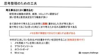 思考整理 ため 工夫 
考え事 とにかく書き込む
研究者 複数 研究，雑務，コミュニティ運営など 
深い思考と意思決定を行う場面が多い 
 
全て頭 中で考えること 非常に困難（書き出した方が考え易い） 
後で考えておこうと思った時どこまで考えたか忘れる瞬間が多々ある 
メモを残す障壁をできるだけ減らす必要がある
中村が工夫している メモを書きやすい状況を作ること（接触面を増やす） 
1. メモ用紙＋ペンを常に机 上に置く 
2. アウトラインツール 
3. ホワイトボード 
4. ind map 
 