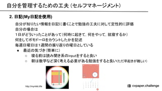 自分を管理するため 工夫 (セルフマネージメント) 
2. 日記(My日記を使用)
自分が知りたい情報を日記に書くことで勉強 工夫に対して定性的に評価 
自分 場合  
１日がどういったことがあって（何時に起きて，何をやって，就寝するか） 
何をしてポモドーロをカウントしたかを記述 
毎週日曜日 １週間 振り返り 曜日としている 
● 最近 気づき（簡単に） 
○ 寝る前 読み聞き系 inputをすると良い 
○ 朝 数学など深く考える必要がある勉強をすると良い(ただ早起きが難しい) 
http://mynikki.life
 