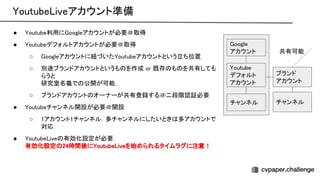 outube iveアカウント準備 
● outube利用に oogleアカウントが必要＠取得  
● outubeデフォルトアカウントが必要＠取得  
○ oogleアカウントに紐づいた outubeアカウントという立ち位置  
○ 別途ブランドアカウントというも を作成 or 既存 も を共有しても
らうと 
研究室名義で 公開が可能．  
○ ブランドアカウント オーナーが共有登録する＠二段階認証必要  
● outubeチャンネル開設が必要＠開設  
○ 1アカウント1チャンネル．多チャンネルにしたいとき 多アカウントで
対応． 
● outube ive 有効化設定が必要．  
有効化設定 24時間後に outube iveを始められるタイムラグに注意！  
oogle 
アカウント 
outube 
デフォルト 
アカウント 
チャンネル 
ブランド 
アカウント 
チャンネル 
共有可能 
 