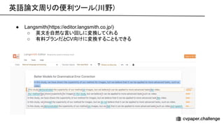 英語論文周り 便利ツール(川野) 
● Langsmith(https://editor.langsmith.co.jp/)
○ 英文を自然な言い回しに変換してくれる
○ 有料プランだとCV向けに変換することもできる
 