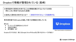 ropboxで情報が整理されている (長崎) 
☆研究室内で資料を共有すること 情報収集をする上でとても有効
 
（特にこ ご時世で なおさら重要）
 
 
☆効率よく資料を共有するに ？　⇨　
共有クラウドストレージを使用する
 
 
 
青木研究室で ropboxを通して様々な情報を共有している
 
 
例え ... 
● ミーティングで使用されたスライド  
● 先輩方 論文 
● 参考書籍　など 
 
ropboxだけで なく，他にも oogle riveやi loudなど色々なストレージがある！  
https://www.dropbox.com/ja/features
 