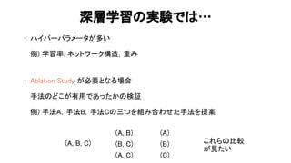 深層学習 実験で … 
• ハイパーパラメータが多い 
 
例) 学習率, ネットワーク構 ，重み 
 
 
• blation tudy が必要となる場合 
 
手法 どこが有用であったか 検証 
 
例) 手法 ，手法 ，手法 三つを組み合わせた手法を提案 
53 
( , , )
( , )
( , )
( , )
( )
( )
( )
これら 比較
が見たい
 