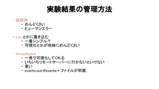 実験結果 管理方法 
• 紙媒体 
- めんどくさい 
- ヒューマンエラー 
 
• csv とかに書き込む 
- 一番シンプル？ 
- 可視化とかが地味にめんどくさい 
 
• tensorboard 
- 一発で可視化してくれる 
- いちいちリモートサーバーに行かないといけない 
- 重い 
- events.out.tfevents.* ファイルが邪魔 
 
 