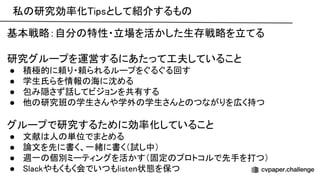 私 研究効率化 ipsとして紹介するも  
基本戦略：自分 特性・立場を活かした生存戦略を立てる 
 
研究グループを運営するにあたって工夫していること 
● 積極的に頼り・頼られるループをぐるぐる回す 
● 学生氏らを情報 海に沈める 
● 包み隠さず話してビジョンを共有する 
● 他 研究班 学生さんや学外 学生さんと つながりを広く持つ 
 
グループで研究するために効率化していること 
● 文献 人 単位でまとめる 
● 論文を先に書く、一緒に書く（試し中） 
● 週一 個別ミーティングを活かす（固定 プロトコルで先手を打つ） 
● lackやもくもく会でいつもlisten状態を保つ 
 
