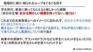 積極的に頼り・頼られるループをぐるぐる回す 
学生時代、教員に頼ってもらえると嬉しかった経験 
（自分 立場）自分 輝かしい経歴を持ってない。強くない 
 
これまで 先輩教員らへ イメージに囚われず、自分から学生を積極
的に頼る方針をとっている 
教えるループ・教わるループをぐるぐる回すと、それが当たり前になっ
て来てどんどん高 化していく で良さ 
 
執筆中 原稿や、グラント ドラフトなども学生にコメントをもらったりも
する（当然自分も学生さん を見てコメントする） 
 