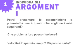 1
INDIVIDUA GLI
ARGOMENT
I
Potrei presentare le caratteristiche e
potenzialità...ma è questo che vogliono i miei
acquirenti?
Che problema loro posso risolvere?
Velocità?Risparmio tempo? Risparmio carta?
 