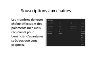 Souscriptions	aux	chaînes		
Les	membres	de	votre	
chaîne	effectuent	des	
paiements	mensuels	
récurrents	pour	
bénéficier	d'avantages	
spéciaux	que	vous	
proposez.	
 