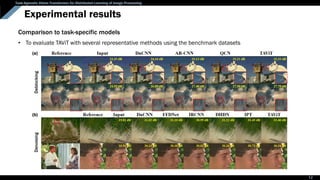 Task-Agnostic Vision Transformer for Distributed Learning of Image Processing
Experimental results
Comparison to task-specific models
12
• To evaluate TAViT with several representative methods using the benchmark datasets
 