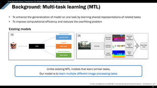 Task-Agnostic Vision Transformer for Distributed Learning of Image Processing
Background: Multi-task learning (MTL)
[1] https://pyimagesearch.com/2022/08/17/multi-task-learning-and-hydranets-with-pytorch/ [2] Kendall et al., 2017
4
• To enhance the generalization of model on one task by learning shared representations of related tasks
• To improve computational efficiency and reduces the overfitting problem
Unlike existing MTL models that learn similar tasks,
Our model is to learn multiple different image processing tasks
[1] [2]
Existing models
 
