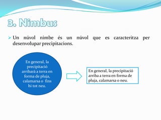 3. NimbusUn núvol nimbe és un núvol que es caracteritza per  desenvolupar precipitacions. En general, la precipitacióarribarà a terra en forma de pluja, calamarsa o  finshitotneu. En general, la precipitació arriba a terra en forma de pluja, calamarsa o neu.