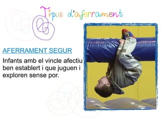 Tipus d’aferrament


AFERRAMENT SEGUR
Infants amb el vincle afectiu
ben establert i que juguen i
exploren sense por.
 