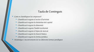 Taula de Continguts 
• Com es classifiquen les empreses? 
• Classificació segons el sector d’activitat 
• Classificació segons la titularitat del capital 
• Classificació segons la dimensió 
• Classificació segons l’àmbit territorial 
• Classificació segons el tipus de mercat 
• Classificació segons la funció bàsica 
• Classificació segons la forma jurídica 
• Avantatges i inconvenients de les diferents formes jurídiques 
 