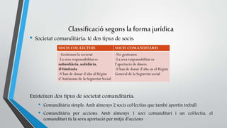Classificació segons la forma jurídica 
• Societat comanditària: té dos tipus de socis: 
Existeixen dos tipus de societat comanditària: 
• Comanditària simple: Amb almenys 2 socis col·lectius que també aportin treball 
• Comanditària per accions: Amb almenys 1 soci comanditari i un col·lectiu, el 
comanditari fa la seva aportació per mitjà d’accions 
 