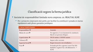 Classificació segons la forma jurídica 
• Societat de responsabilitat limitada nova empresa: ex: FRACTAL SLNE 
• Per a projectes empresaris més petits, per facilitar la constitució i posada en marxa 
ràpidament amb plenes garanties jurídiques. 
 