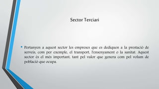 Sector Terciari 
• Pertanyen a aquest sector les empreses que es dediquen a la prestació de 
serveis, com per exemple, el transport, l'ensenyament o la sanitat. Aquest 
sector és el més important, tant pel valor que genera com pel volum de 
població que ocupa. 
 