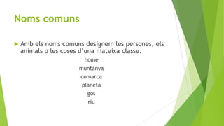 Noms comuns


Amb els noms comuns designem les persones, els
animals o les coses d’una mateixa classe.
home
muntanya
comarca
planeta
gos
riu

 