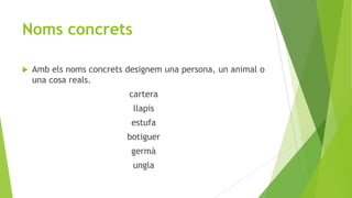 Noms concrets


Amb els noms concrets designem una persona, un animal o
una cosa reals.

cartera
llapis
estufa

botiguer
germà
ungla

 