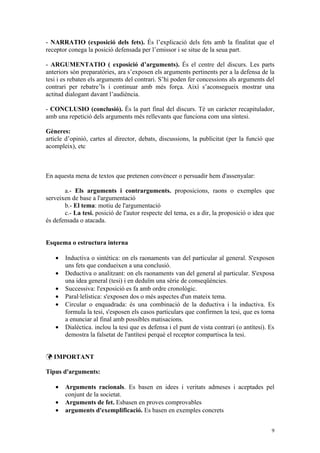 - NARRATIO (exposició dels fets). És l’explicació dels fets amb la finalitat que el
receptor conega la posició defensada per l’emissor i se situe de la seua part.

- ARGUMENTATIO ( exposició d’arguments). És el centre del discurs. Les parts
anteriors són preparatòries, ara s’exposen els arguments pertinents per a la defensa de la
tesi i es rebaten els arguments del contrari. S’hi poden fer concessions als arguments del
contrari per rebatre’ls i continuar amb més força. Així s’aconsegueix mostrar una
actitud dialogant davant l’audiència.

- CONCLUSIO (conclusió). És la part final del discurs. Té un caràcter recapitulador,
amb una repetició dels arguments més rellevants que funciona com una síntesi.

Gèneres:
article d’opinió, cartes al director, debats, discussions, la publicitat (per la funció que
acompleix), etc



En aquesta mena de textos que pretenen convéncer o persuadir hem d'assenyalar:

       a.- Els arguments i contrarguments. proposicions, raons o exemples que
serveixen de base a l'argumentació
       b.- El tema: motiu de l'argumentació
       c.- La tesi. posició de l'autor respecte del tema, es a dir, la proposició o idea que
és defensada o atacada.


Esquema o estructura interna

   •   Inductiva o sintètica: on els raonaments van del particular al general. S'exposen
       uns fets que condueixen a una conclusió.
   •   Deductiva o analitzant: on els raonaments van del general al particular. S'exposa
       una idea general (tesi) i en deduïm una sèrie de conseqüències.
   •   Successiva: l'exposició es fa amb ordre cronològic.
   •   Paral·lelística: s'exposen dos o més aspectes d'un mateix tema.
   •   Circular o enquadrada: és una combinació de la deductiva i la inductiva. Es
       formula la tesi, s'esposen els casos particulars que confirmen la tesi, que es torna
       a enunciar al final amb possibles matisacions.
   •   Dialèctica. inclou la tesi que es defensa i el punt de vista contrari (o antítesi). Es
       demostra la falsetat de l'antítesi perquè el receptor compartisca la tesi.


 IMPORTANT

Tipus d'arguments:

   •   Arguments racionals. Es basen en idees i veritats admeses i aceptades pel
       conjunt de la societat.
   •   Arguments de fet. Esbasen en proves comprovables
   •   arguments d'exemplificació. Es basen en exemples concrets


                                                                                           9
 