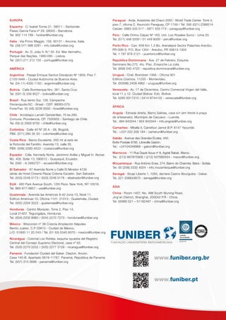 1612
www.funiber.org.br
www.funiber.pt
EUROPA
Espanha · C/ Isabel Torres 21. 39011 - Santander.
Paseo García Faria nº 29. 08005 - Barcelona.
Tel. 902 114 799 - funiber@funiber.org
Itália · Via Primo Maggio, 156. 60131 - Ancona, Italia.
Tel. (39) 071 998 0281 - info.italia@funiber.org
Portugal · Av. D. João II, N.º 50. Ed. Mar Vermelho,
Parque das Nações. 1990-095 - Lisboa.
Tel. (351) 211 212 155 - portugal@funiber.org
AMÉRICA
Argentina · Pasaje Enrique Santos Discépolo Nº 1859, Piso 7.
C1051AAA - Ciudad Autónoma de Buenos Aires.
Tel. (54-11) 4000 1150 - argentina@funiber.org
Bolívia · Calle Bumberque Nro. 361. Santa Cruz.
Tel. (591-3) 339 8527 - bolivia@funiber.org
Brasil · Rua Vento Sul, 126. Campeche
Florianópolis/SC - Brasil - CEP: 88063-070.
Fone/Fax: 55 (48) 3239 0000 - brasil@funiber.org
Chile · Arzobispo Larraín Gandarillas, 70 ex.260.
Comuna: Providencia. CP. 7500955 - Santiago de Chile.
Tel. (56-2) 2928 9700 - chile@funiber.org
Colômbia · Calle 40 Nº 26 A - 08, Bogotá.
PBX. (571) 285 35 33 - colombia@funiber.org
Costa Rica · Barrio Escalante. 200 mt al este de
la Rotonda del Farolito. Avenida 13, calle 35.
PBX: (506) 2280-4522 - costarica@funiber.org
Equador · Cdla. Kennedy Norte. Jerónimo Avilés y Miguel H. Alcívar.
Mz. 405, Solar 13. 090512 - Guayaquil, Ecuador.
Tel. (593 - 4) 2682721 - ecuador@funiber.org
El Salvador · 87 Avenida Norte y Calle El Mirador #730
(atrás de Hotel Crowne Plaza) Colonia Escalón. San Salvador.
Tel. (503) 2246 0173 / (503) 2246 0176 - elsalvador@funiber.org
EUA · 460 Park Avenue South, 12th Floor, New York, NY 10016.
Tel. 866-877-9857 - usa@funiber.org
Guatemala · Avenida las Americas 8-42 zona 13, Nivel 11,
Edificio Américas 10, Oficina 1101. 01013 - Guatemala, Ciudad.
Tel. (502) 2204 3222 - guatemala@funiber.org
Honduras · Centro Morazán, Torre 2, Piso 14,
Local 21407. Tegucigalpa, Honduras.
Tel. (504) 2202 8960 / (504) 2270 7273 - honduras@funiber.org
México · Wisconsin nº 38 Colonia Ampliación Nápoles
Benito Juárez. C.P 03810 - Ciudad de México.
L/C: 01800 11 20 243 / Tel. (01 55) 5340 8370 - mexico@funiber.org
Nicarágua · Colonial Los Robles, esquina opuesta del Registro
Central del Consejo Supremo Electoral, casa nº 63.
Tel. (505) 2270 5252 / (505) 2277 3729 - nicaragua@funiber.org
Panamá · Fundación Ciudad del Saber. Clayton, Ancón.
Casa 140-B. Apartado 0819-11767. Panamá, República de Panamá.
Tel. (507) 315 0696 - panama@funiber.org
Paraguai · Avda. Aviadores del Chaco 2050 - World Trade Center. Torre 4,
piso 7, oficina C. Asunción Paraguay, CP 1749 / Tel: 595 (021) 2386014
Celular: 0983 333 517 - 0971 555 774 - paraguay@funiber.org
Peru · Calle Chimu Cápac Nº 163, Urb. Los Rosales Surco - Lima 33.
Tel. (511) 448 0200 / 01 449 8000 - peru@funiber.org
Porto Rico · Carr. 658 Km 1.3 Bo. Arenalejos Sector Palaches Arecibo,
PR 00613. P.O. Box 1304 - Arecibo, PR 00613-1304
Tel. 1 787 878 2121 - puertorico@funiber.org
República Dominicana · Ave. 27 de Febrero, Esquina
Seminario No.272, 4to. Piso. Ensanche La Julia.
Tel. (809) 540 4720 - republica.dominicana@funiber.org
Uruguai · Cnel. Brandzen 1956 - Oficina 901
Edificio Cosmos. 11200 - Montevideo.
Tel. (00598) 2409 4962 - uruguay@funiber.org
Venezuela · Av. 17 de Diciembre, Centro Comercial Virgen del Valle,
local 11 y 12. Ciudad Bolivar. Edo. Bolívar.
Tel. 0285 6317310 / 0414 8744102 - venezuela@funiber.org
ÁFRICA
Angola · Estrada direita, Bairro Salinas, casa s/n (em frente à praça
de artesanato). Município de Cacuaco - Luanda.
Tel.: 994 843344 / 924 843344 - info.angola@funiber.org
Camarões · Mballa II, Carrefour Jamot B.P. 8147 Yaoundé.
Tel.: +237 222 209 184 - camerun@funiber.org
Gabão · Avenue des Grandes Écoles, 450.
Boîte Postale 9785. Libreville Gabón.
Tel.: +24104348968 - gabon@funiber.org
Marrocos · 11 Rue Dayat Aoua nº 8, Agdal Rabat. Maroc.
Tel.: (212) 667875906 / (212) 537680554 - maroc@funiber.org
Moçambique · Rua António Enes, 274, Bairro do Chaimite. Beira - Sofala.
Tel. 00 (258) 2332 4024 - info.mozambique@funiber.org
Senegal · Sicap Liberte 1, 1050, derriere Casino Bourguiba - Dakar.
Tel. 221 338643870 - senegal@funiber.org
ÁSIA
China · Room 1407, No. 488 South Wuning Road,
Jing’an District, Shanghai, 200042 P.R - China.
Tel. (0086) 021 – 51182497 - china@funiber.org
 