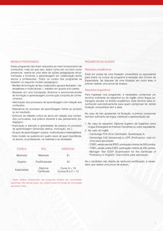 5
REQUISITOS DE ACESSO
Requisitos acadêmicos:
Estar em posse de uma titulação universitária ou equivalente
para todos os cursos do programa à exceção dos Cursos de
Especialista. Se dispuser de uma titulação em outra área, é
preciso realizar uma prova de acesso.
Requisitos linguísticos:
Para ingressar nos programas, é necessário comprovar um
domínio suficiente do espanhol ou do inglês como língua es-
trangeira veicular no âmbito acadêmico. Este domínio será re-
conhecido automaticamente para quem comprovar ter obtido
titulação universitária afim à área.
No caso de não apresentar tal titulação, é preciso comprovar
domínio suficiente da língua mediante a apresentação de:
1.	No caso do espanhol: Diploma Superior de Espanhol como
Língua Estrangeira do Instituto Cervantes ou outro equivalente.
2.	No caso do inglês:
-	Cambridge FCE (First Certificate): Qualificação A.
-	Cambridge CAE (Advanced) ou CPE (Proficiency): nota mí-
nima para aprovação.
-	TOEFL versão escrita (PBT): pontuação mínima de 550 pontos.
-	TOEFL versão online (CBT): pontuação mínima de 230 pontos.
-	Michigan Test ECEP (Examination for the Certificate of
Proficiency in English): nota mínima para aprovação.
Se o candidato não dispõe de nenhuma certificação, é neces-
sário que realize uma prova de acesso.
MODELO PEDAGÓGICO
Estes programas não ficam reduzidos ao mero fornecimento de
conteúdos, mais do que isso, assim como em um bom curso
presencial, realiza-se uma série de ações pedagógicas enca-
minhadas a fomentar a aprendizagem em colaboração (entre
alunos e professores). Todos os cursos dos programas se
baseiam no seguinte modelo pedagógico:
-	Modelo de formação de tipo colaborativo (grupos fechados – he-
terogêneos e multiculturais –, trabalho em grupos e/ou pares).
-	Baseado em uma concepção dinâmica e socioconstrutivista
de formação e aprendizagem (construção conjunta de conhe-
cimento).
-	Valorização dos processos de aprendizagem com relação aos
conteúdos.
-	Relevância do processo de aprendizagem frente ao produto
ou ao resultado.
-	Estímulo da reflexão crítica do aluno em relação aos conteú-
dos curriculares, sua prática docente e seu pensamento pe-
dagógico.
-	Implicação e atenção à globalidade da pessoa no processo
de aprendizagem (dimensão afetiva, motivação, etc.).
-	Grupos de aprendizagem coesos, multiculturais e heterogêneos.
-	Este modelo se sustenta em quatro eixos de igual importância:
os alunos, os professores, os materiais e as atividades.
1
Esses créditos correspondem aos programas titulados por universidades
espanholas. Nos demais casos, tais créditos variam em função da universidade
que emita o título.
FOPELE TEFL CRÉDITOS1
Mestrado Mestrado 81
Experto PostGraduate 40
Especialista
Diploma
Certificate
Curso A = 18
Cursos B e C = 12
 