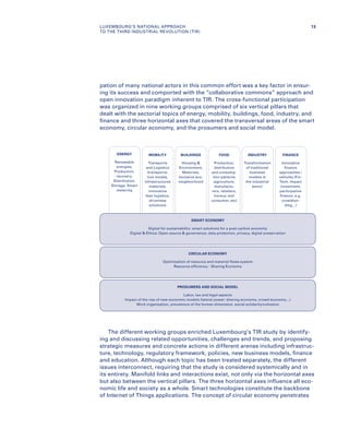 pation of many national actors in this common effort was a key factor in ensur-
ing its success and comported with the “collaborative commons” approach and
open innovation paradigm inherent to TIR. The cross-functional participation
was organized in nine working groups comprised of six vertical pillars that
dealt with the sectorial topics of energy, mobility, buildings, food, industry, and
finance and three horizontal axes that covered the transversal areas of the smart
economy, circular economy, and the prosumers and social model.
The different working groups enriched Luxembourg’s TIR study by identify-
ing and discussing related opportunities, challenges and trends, and proposing
strategic measures and concrete actions in different arenas including infrastruc-
ture, technology, regulatory framework, policies, new business models, finance
and education. Although each topic has been treated separately, the different
issues interconnect, requiring that the study is considered systemically and in
its entirety. Manifold links and interactions exist, not only via the horizontal axes
but also between the vertical pillars. The three horizontal axes influence all eco-
nomic life and society as a whole. Smart technologies constitute the backbone
of Internet of Things applications. The concept of circular economy penetrates
ENERGY
Renewable
energies,
Production,
recovery,
Distribution,
Storage, Smart
metering
MOBILITY
Transports
and Logistics
(transporta-
tion modes,
infrastructures
materials,
innovative
lean logistics,
driverless
solutions)
BUILDINGS
Housing 
Environment,
Materials,
Inclusive eco-
neighborhood
FOOD
Production,
distribution
and consump-
tion patterns
(agriculture,
manufactu-
rers, retailers,
horeca, end
consumer, etc)
INDUSTRY
Transformation
of traditional
business
models in
the industrial
sector
FINANCE
Innovative
finance
approaches /
vehicles (Fin-
Tech, impact
investment,
participative
finance, e.g.
crowdfun-
ding…)
SMART ECONOMY
Digital for sustainability: smart solutions for a post-carbon economy
Digital  Ethics: Open-source  governance, data protection, privacy, digital preservation
CIRCULAR ECONOMY
Optimisation of resource and material flows system
Resource efficiency - Sharing Economy
PROSUMERS AND SOCIAL MODEL
Labor, tax and legal aspects
Impact of the rise of new economic models (lateral power: sharing economy, crowd economy…)
Work organisation, prevalence of the human dimension, social solidarity/cohesion
13LUXEMBOURG’S NATIONAL APPROACH
TO THE THIRD INDUSTRIAL REVOLUTION (TIR)
 
