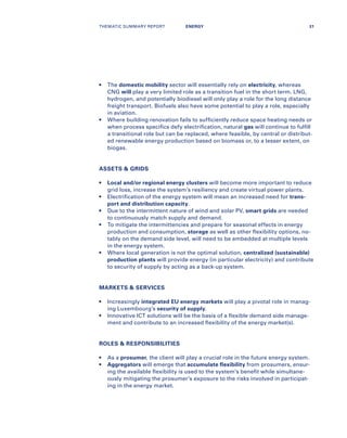 •	The domestic mobility sector will essentially rely on electricity, whereas
CNG will play a very limited role as a transition fuel in the short term. LNG,
hydrogen, and potentially biodiesel will only play a role for the long distance
freight transport. Biofuels also have some potential to play a role, especially
in aviation.
•	Where building renovation fails to sufficiently reduce space heating needs or
when process specifics defy electrification, natural gas will continue to fulfill
a transitional role but can be replaced, where feasible, by central or distribut-
ed renewable energy production based on biomass or, to a lesser extent, on
biogas.
ASSETS  GRIDS
•	Local and/or regional energy clusters will become more important to reduce
grid loss, increase the system’s resiliency and create virtual power plants.
•	Electrification of the energy system will mean an increased need for trans-
port and distribution capacity.
•	Due to the intermittent nature of wind and solar PV, smart grids are needed
to continuously match supply and demand.
•	To mitigate the intermittencies and prepare for seasonal effects in energy
production and consumption, storage as well as other flexibility options, no-
tably on the demand side level, will need to be embedded at multiple levels
in the energy system.
•	Where local generation is not the optimal solution, centralized (sustainable)
production plants will provide energy (in particular electricity) and contribute
to security of supply by acting as a back-up system.
MARKETS  SERVICES
•	Increasingly integrated EU energy markets will play a pivotal role in manag-
ing Luxembourg’s security of supply.
•	Innovative ICT solutions will be the basis of a flexible demand side manage-
ment and contribute to an increased flexibility of the energy market(s).
ROLES  RESPONSIBILITIES
•	As a prosumer, the client will play a crucial role in the future energy system.
•	 Aggregators will emerge that accumulate flexibility from prosumers, ensur-
ing the available flexibility is used to the system’s benefit while simultane-
ously mitigating the prosumer’s exposure to the risks involved in participat-
ing in the energy market.
THEMATIC SUMMARY REPORT 31ENERGY
 