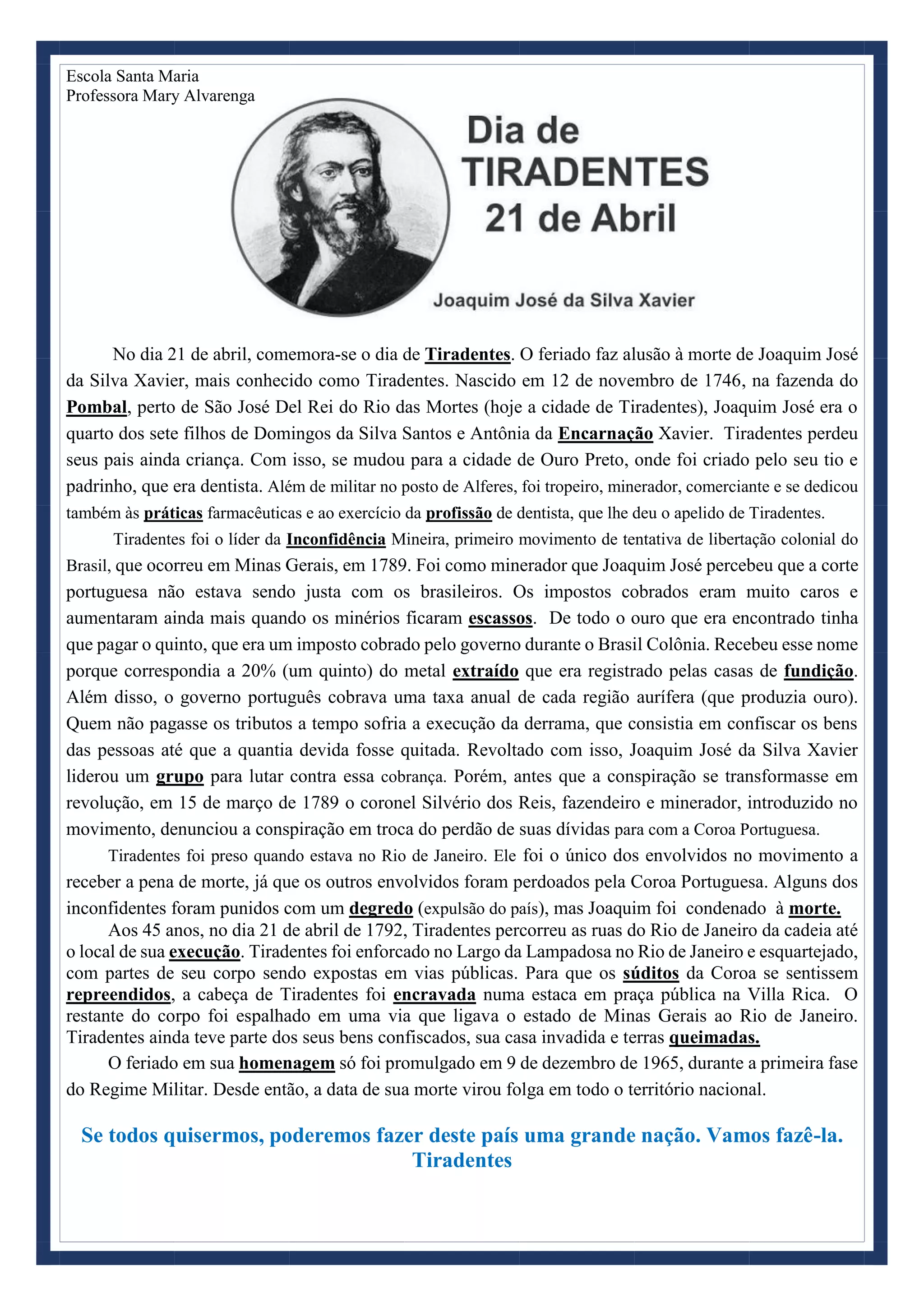 21 de abril - Dia de Tiradentes - Texto e atividade | PDF
