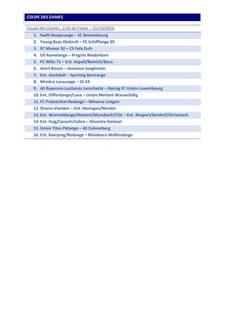 COUPE DES DAMES
Coupe des Dames, 1/16 de Finale – 15/10/2016
1. Swift Hesperange – SC Bettembourg
2. Young Boys Diekirch – FC Schifflange 95
3. FC Mamer 32 – CS Fola Esch
4. US Rumelange – Progrès Niederkorn
5. FC Wiltz 71 – Ent. Aspelt/Remich/Bous
6. Atert Bissen – Jeunesse Junglinster
7. Ent. Aischdall – Sporting Bertrange
8. Minière Lasauvage – SC Ell
9. AS Rupensia Lusitanos Larochette – Racing FC Union Luxembourg
10. Ent. Differdange/Luna – Union Mertert-Wasserbillig
11. FC Pratzerthal-Redange – Minerva Lintgen
12. Orania Vianden – Ent. Hosingen/Norden
13. Ent. Wormeldange/Hostert/Munsbach/CSG – Ent. Rosport/Berdorf/Christnach
14. Ent. Itzig/Canach/Cebra – Alisontia Steinsel
15. Union Titus Pétange – AS Colmarberg
16. Ent. Kaerjeng/Rodange – Résidence Walferdange
 