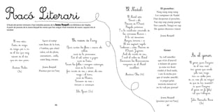 46 47
A finals del primer trimestre s’han treballat poesies de la Joana Raspall a la biblioteca de migdia.
A partir de poesies de la Joana Raspall les nenes que han volgut n’han inventat de noves i aquest n’és el
resultat:
Racó Literari
El meu estiu
l’estiu és màgic
és màgic per a mi
és el dia que vaig
néixer és el dia
que em van parir.
Andrea Rubio
(3r)
Agost al camp
som lluny de la font,
i l’ombra, que clara!
calor, sol de plom,
cansament... enllà,
camí llarg, encara.
Joana Raspall
Poemes per tot l’any
Els mesos de l’any
Quan surten les flors i creixn els
arbres
això és la primavera
Surt el sol, sortim a jugar
això és l’estiu
Cauen les fulles i mengem castanyes,
això és la tardor
fem ninots de neu i vénen els reis
mags i el tronc,
això és l’hivern,
Canviem de mes i
tornem a començar
Lila Pijuan (2n)
El Nadal:
El Nadal està
Venint i els
Reixos de l’Orient
Regals portaran.
I a la cavalcada caramels de
les carrosses lluiran i
A la nit deixarem
Menjar, torrons i vi
Al dia següent regals
Trobarem i adéu Reixos de
l’Orient. Jugarem
Amb els ninots de neu,
I amb el arbre de Nadal
Decorarem les llaminadures
menjarem és el Nadal
excel.lent.
Martina Obis (4t)
El pessebre:
Ning nang ning nang
Les campanes de Nadal
Han despertat el pessebre .
Fan trip trap patrip patrap
Tres camells. Ningú no sap
De quines dreceres vinent
Joana Raspall
Gener
Ai, vell ametller
que n’ets d’atrevit!
a mitjans de gener
ja estàs tot florit
vindrà el fred tardà,
i em fa molta por
que el tendre ametlló
es pugui gelar.
tremola mirant-te!
no hi vull pas pensar!
Joana Raspall
(poemes per tot l’any)
Ai el gener
El gener quan l’enyoro
és el meu mes!
tinc ganes que arribi
pels reis mags
tinc un dubte però
és un mes ple de màgia!
és que és tan divertit!!
ai quan l’enyoro
el gener em fa feliç!
cal que t’abriguis.
Julia Remacha Farré
(3r)
 