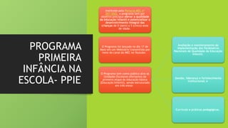 PROGRAMA
PRIMEIRA
INFÂNCIA NA
ESCOLA- PPIE
Instituído pela Portaria MEC nº
357/2022, o programa tem por
objetivo precípuo elevar a qualidade
da educação infantil e potencializar o
desenvolvimento integral das
crianças de 0 (zero) a 5 (cinco) anos
de idade.
O Programa foi lançado no dia 17 de
Maio em um Webinário transmitido por
meio do canal do MEC no Youtube.
O Programa tem como público alvo as
Unidades Escolares ofertantes da
primeira etapa da educação básica
(Educação Infantil), sendo estruturado
em três eixos:
Avaliação e monitoramento da
implementação dos Parâmetros
Nacionais de Qualidade da Educação
Infantil;
Gestão, liderança e fortalecimento
institucional; e
Currículo e práticas pedagógicas.
 