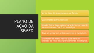 PLANO DE
AÇÃO DA
SEMED
Será a base de planejamento da Escola
Quais metas quero alcançar?
Adesão única, logo o plano de ação será a base do
desenvolvimento da EI no município.
Deve-se pensar em ações concretas e exequíveis.
Estruturar um Plano físico o qual deve ser
anexado ao final desse planejamento estratégico.
 