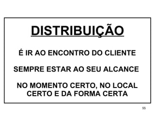 É IR AO ENCONTRO DO CLIENTE SEMPRE ESTAR AO SEU ALCANCE  NO MOMENTO CERTO, NO LOCAL CERTO E DA FORMA CERTA DISTRIBUIÇÃO 