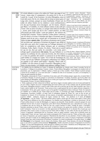 CCCXII-
CCC
XV
El cristià albanès es posa a les ordres de Tirant, que paga el seu
rescat i mana alçar el campament a les portes de la vila en el
castell de la qual hi ha Escariano i la reina (Maragdina, atesa la
mort dels seus). De fet, els vilatans del rei etíop no temen gaire el
setge dels cristians, perquè no tenen bombardes (Tirant sols fa
tallar els arbres fruiters de les rodalies) i aviat confraternitzen.
Un dia que Escariano envia missatgers per fer tractes, refusats
per Blanc i el Cabdillo, el cristià albanès realitza el pla ordit per
Tirant: roba un pitxer de plata, és castigat amb reducció d'orelles
i assots, però escapa cap ala la vila i castell enemics, on obté
d'Escariano pas franc d'anar i venir per poder-li dur notícies de
l'actitud dels cristians. Tirant el premia, li dóna diners i préssecs
que ell ofereix a la reina i li demana que digui a Escariano que ell
prepara molt de pa com a senyal que vol presentar-se al castell
abans de tres o quatre dies. Els préssecs acontenten tant la reina
del seu dolor que permeten a Escariano de pregar-li que oblidi la
mort dels seus, però ella li respon que no l'ofengui prenent-li el
plor tot comparant-se amb dones mítiques que se suïcidaren
(Adriana, Fedra, Sipile i Enone). En efecte, Tirant anà al castell
al cap de tres dies per parlar de concòrdia i se'n tornà, però
allargà aquell comportament dos mesos, fins que l'albanès es va
guanyar la confiança de tots, posà una taverna, des d'on donava
vi a totes les guàrdies del castell i es passaven la nit fent tabola
amb timblas en comptes de vigilar. Tot és fruit de l'estratègia de
Tirant: una nit que l'albanès aconsegueix emborratxar els soldats
de guàrdia (a qui adorm amb herbes i degolla), l'heroi amb el
Cabdillo i els seus entren al castell. Escariano i Maragdina es fan
forts a la torra mestra, i el Cabdillo resta admirat i afalaga Tirant.
-La novel·la canvia d'escenari. Tirant,
tanmateix, desposseït del poder que tenia a
Constantinoble, continua mostrant-se un
militar extraordinari (astut i bon estratega,
capaç d'envoltar-se de col·laboradors
eficaços com el cristià albanès, que pro-
tagonitza bona part d'aquestes perícopes.
-Àfrica té una funció d'exili madurador i de
redempció dels errors comesos en el passat:
ara, com Varoic, no pot escapar del seu
destí d'home d'armes cristianes (d'aquí les
conversions)
-Contrast entre l'acció narrativa (sembla un
reportatge filmat) i els parlaments, retòrics i
alambinats, concords amb la "valenciana
prosa" del XV.
-Manlleus textuals: el parlament d'Escariano
a Maragdina és el de Paris a Helena de les
Històries troianes, de Guido delle Colonne.
També hi ha prèstecs de la Fiammetta de
Boccaccio.
Noms de dones mítques tràgiques: Adriana
és Ariadna, enamorada de Teseu; Fedra era
la madrastra d’Hipòlit, a qui va sol·licitar
favors amorosos; Sipile és Hipsipila, que va
tenir amors amb Jàson; Enone era una
nimfa enamorada de Paris
CCCXVI-
CDVII
El Cabdillo lloa les habilitats de Tirant i li demana de represaliar els vençuts, però Tirant li recorda l’art de la
cavalleria i l’obligació de perdonar l’enemic virtuós. Tirant allibera Maragdina i aconsegueix la rendició del rei
Escariano, que és empresonat. L’albanès suplica a Tirant que el faci cavaller. Tirant rebutja la petició perquè
l’honor de la cavalleria és “cosa molt delicada” i l’albanès ha ofès el rei Escariano; en canvi, en recompensa, li
dóna una gran quantitat de diners.
Maragdina, enamorada de Tirant, li manifesta el seu amor, però ell la rebutja perquè, segons diu, es manté fidel a
Carmesina. Després, la convenç perquè es converteixi al cristianisme i la bateja. Escariano, que ho ha sabut i ha
estat rebutjat per Maragdina, també demana fer-se cristià, per la qual cosa Tirant l’adoctrina i després el bateja. Es
fan germans d’armes i es juren fidelitat absoluta.
Tirant, ajudat per un frare valencià de la Mercè que havia vingut a rescatar captius (com era la tasca principal de
la seva ordre), emprèn una acció evangelitzadora pel nord d’Àfrica que el duu a batejar més de quaranta-quatre
mil moros. Maragdina insisteix a casar-se amb Tirant, però ell la convenç que ho faci amb Escariano, que, com a
marit, esdevé també rei de Tremissèn. Tirant actua ja com a capità general de tots els regnes africans conquerits i
cristianitzats. Hi ha, però, grans senyors a qui no ha agradat l’evangelització duta a terme per Tirant. En especial
al Cabdillo no li sembla bé que Tirant tingui tant de poder i li recrimina que hagin d’abandonar la seva llei
musulmana. Escariano s’enfada i el mata, amb el consegüent disgust de Tirant, tot i que no diu res per no
empitjorar la situació. El rei Escariano, de tota manera, es penedeix espontàniament de la seva mala rauxa. Els
exèrcits infidels , aleshores, ataquen els regnes cristians de Tirant. Just aleshores se li uneix el senyor
d’Agramunt —cosí de Tirant— que havia arribat amb el mateix vaixell que ell i havia estat captiu a Tunis, però
que Tirant havia alliberat en les seves campanyes. Les batalles entre musulmans i cristians se succeeixen i els de
Tirant arriben davant la ciutat de Montàgata, on regnava una donzella. Estan decidits a atacar-la perquè els seus
habitants havien ferit el senyor d’Agramunt, però allà hi havia Plaerdemavida com a donzella de la reina, que
s’assabenta que són les forces de Tirant les que són a punt d’arrasar la ciutat. Vestida de mora i d’incògnit,
decideix presentar-se davant Tirant; a poc a poc, va fent al·lusions a les gestes del cavaller a Grècia i als amors
amb Carmesina. Tirant no la reconeix i el relat apassionat de Plaerdemavida el va afectant fins al punt que cau
desmaiat. Ella s’asseu a terra i es posa el cos de Tirant sobre la falda i la cara sobre els pits nus per refer-lo. El
senyor d’Agramunt, malinformat pel rei Escariano, entra en aquell moment i pensa que la donzella mora ha
volgut matar Tirant, així que l’ataca, però només aconsegueix ferir Tirant en una mà. Tirant, ja força refet, reprèn
el senyor d’Agramunt, que queda avergonyit. Plaerdemavida descobreix la seva identitat i Tirant li dedica grans
honors, fent que la situïn en un cadafal perquè sigui reverenciada com a reina. El senyor d’Agramunt es disculpa
davant Tirant que, amb la intercessió d’Escariano, el perdona. La ciutat és perdonada i hi ha grans festes. La reina
de Montàgata vol ser batejada i tota la ciutat es fa cristiana. Abans, però, Tirant demana a la reina de Montàgata
que es casi amb un cavaller cristià anomenat Melquisedec. També converteix el senyor d’Agramunt en rei de Fes
i Bugia i el casa amb Plaerdemavida, motiu pel qual se celebren noves festes. Aleshores envia Melquisedec com a
ambaixador a Constantinoble per tenir notícies de la situació a l’imperi grec.
L’avanç turc gairebé ha reduït l’imperi a la ciutat i Carmesina, reclosa en un monestir perquè creia que Tirant era
14
 