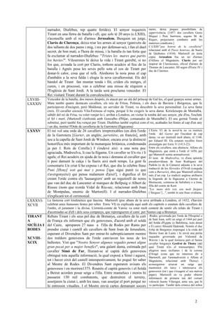 narrador, Diafebus, rep quatre ferides). El senyor requereix
Tirant en una lletra de batalla i ell, que sols té 20 anys (c.LXIII),
s'aconsella amb el rei d'armes Jerusalem. Busquen un jutge,
Clarós de Clarença, deixa triar les armes al senyor (ganivets de
dos tallants de dos pams i mig, i res per defensar-se), i fan el duel
secret, de bon matí, a l'hora de missa, i la baralla és tan forta que
fa exclamar al narrador-Diafebus: "Tristes les mares que parits
los havies!". Vilesermes hi deixa la vida i Tirant gairebé, si no
fos que, avisada la cort per Clarós, tothom acudeix al lloc de la
baralla i Agnès posa les seves pells sota el cos de Tirant per
donar-li calor, cosa que el refà. Aleshores la noia posa el cap
d'ambdós a la seva falda i elogia la seva cavallerositat. Els del
bàndol de Tirant fan muntar tenda i llit, criden els metges, el
curen, i en processó, van a celebrar una missa de rèquiem a
l'Església de Sant Jordi. A la tarda serà proclama vencedor. El
Rei visitarà Tirant durant la convalescència.
metre, deixa poques possibilitats de
supervivència. [1457: dos cavallers Genís
Miquel i Pere Sarrriera, segons M. de
Riquer, projectaren combatre amb les
mateixes condicons.]
C.LXIII:"pas honrat de la cavalleria"
relacionat amb el Passo honroso, de Suero
de Quiñones (1434): Martorell en tenia
còpia. Jerusalem fou un rei d'armes
d'Alfons el Magnànim. Clarós pot ser
inspirat de Clarenceaux, oficial d'armes de
Thomas de Lancaster, fill segon d'Enric IV i
duc de Clarence.
LXVIII-
LXXXIV
Vencedor de la batalla, dos mesos després, és atacat per un alà del príncep de Gal·les, el qual guanya sense armes.
Mata també quatre destacats cavallers, els reis de Frísia, Polònia, i els ducs de Baviera i Borgonya, que hi
participaven d'incògnit, però Maldonat, un servidor de Tirant, va descobrir la seva personalitat. La seva fama
creix. El cavaller escocès Vila-Fermosa el repta, perquè li ho exigeix la seva dama. Kirieleisopn de Muntalbà,
súbdit del rei de Frísa, va voler venjar-lo i, arribat a Londres, en visitar la tomba del seu senyor, ple d'ira, l'esclatà
el fel i morí. (Martorell s'enfrontà amb Gonzalbo d'Híjar, comanador de Muntalbà!). El seu germà Tomàs el
substituí, però també fou vençut per Tirant. Diafebus també explicà com el rei, acabades les festes al cap d'un any
i un dia, instituí l'Orde de cavalleria de la Garrotera (lligacama)
LXXXV El rei vol una orde de 26 cavallers irreprotxables (en dirà l'orde
de la Garrotera [Garter, en anglès; jarretière, en francès], amb
seu a la capella de Sant Jordi de Windsor, encara avui la distinció
honorífica més important de la monarquia britànica, condemanda
ja per J. Roís de Corella.) I s'esdevé així: a una noia poc
agraciada, Madresilva, li cau la lligama. Un cavaller se li'n riu i li
agafa; el Rei acudeix en ajuda de la noia i demana al cavaller que
li posi damunt la calça i la llueix així molt temps. La gent fa
comentaris Un criat li ho exposa i el Rei, que diu la cèlebre frase
Puni [Hony] soit qui mai y pensa ['que sigui punit (o que
s'avergonyeixi) qui pensa malament d'això'], i dignifica el fet
creant l'orde contra els 'lausangiers' amb un reguitzell de noms
que van del duc de Lancaster al marques de Bellpuig o Albert de
Riusec (nom que rcorda Vidal de Riu-sec, relacionat amb Joan
de Montpalau, enemic de Martorell). I el narrador-Diafebus
n'explicarà tot el cerimonial.
L'Enric VI de la novel·la no va instituir
l'orde del Garter per l'incident de cap
dama; va ser instituïd molt abans, el 1348,
per Eduard III. Els estatuts recollits foren
promulgats per Enric V (1413-22).
Entre els cavallers, una absència: Alfons els
Magnànim, que entrà a l'orde el 1450, per
qui Martorell sentia animadversió.
El nom de Madresilva, ve d'una epístola
pseudoovidiana de Juan Rodríguez del
Padrón (o de la Cámara) adjunta a la seva
traducció de les Heroides d’Ovidi (coeguda
com a Bursario), obra que Martorell utilitza
més d’un cop. La tradició anglesa atribueix
la llegenda de la lligacama a Cterina de
Montacute, comtessa de Salisbury o a Jona,
filla del comte de Kent.
"Les mans dels reis són molt furgues
[‘llargues’]…", també és una frase ovidiana.
LXXXVI-
XCVII
La fastuosa cort londinenca que fascina Martorell (poc abans de la seva arribada a Londres, el 1432, s'havien
celebrat unes fastuoses festes per rebre Enric VI) és explicada aquí amb els capítols o estatuts dels cavallers de
l'ordre, el jurament i la divisa. L'ermità-comte de Varoic va estar molt content de sentir els relats de Tirant i
d'acomiadar-se d'ell i dels seus companys, que reprengueren el camí per Nantes cap a Bretanya
TIRANT
A
SICÍLIA I
RODES
XCVIII-
XCIX
Rebuts Tirant i els seus pel duc de Bretanya, cavallers de la cort
de França els informen que els genovesos, d'acord amb el soldà
del Caire, aproparen 27 naus a l'illa de Rodes per Rams per
prendre ciutat i castell als cavallers de Sant Joan de Jerusalem,
esperant el Divendres Sant per entrar-hi subreptíciament mentre
dos traïdors genovesos de l'orde canviaven les nous de les
ballestes. Vist que "Nostre Senyor algunes vegades pemet algun
gran pecat per a major benefici", una galant dama, estimada pel
cavaller Simó de Far, lliurant-se al capità dels genovesos
obtingué tota aquella informació, la qual exposà a Simó i aquest,
tot i haver eixit del castell intempestivament, ho pogué fer saber
al Mestre de Rodes. El Divendres Sant esperaren avisats els
genovesos i en moriren1375. Reunits el capità genovès i el Soldà
a Beirut acorden posar setge a l'illa. Entre mamelucs i moros hi
passaren 150 mil combatents, que destruïren el terreny,
assetjaren la ciutat i, amb les naus, van assetjar el port perquè no
hi entressin vitualles. I el Mestre envià cartes demanant socors
-Rodes, governada per l'orde de l'Hospital o
de Sant Joan, sofrí un setge el 1444 per part
del Soldà d'Egipte (o Babilònia, nom donat
a El caire) Abusaïd Djakmak. Només el duc
Felip de Borgonya respongué a la crida del
Mestre Joan de Lastic i hi envià una petita
esquadra governada per Valerand de
Wavrin i de la qual formava part el famós
cavaller borgonyó Geofroi de Thoisy (del
qual Tirant n'és el transsumpte). S'hi
afegiren naus sicilianes i de la corona
d'Aragó (cosa que no interessa dir a
Martorell, per l'animadversió a Alfons el
Magnànim, relacionat amb Thoisy) i
aconseguiren aixecar un setge que
mantenien els turcs i interessava els
genovesos (tot i que s'exagera el seu malvat
paper). Martorell en va poder obtenir
informació de primera mà del corsari
valencià Jaume Vilaragut, amic seu, que hi
va participar. També dela crònica del nebot
2
 