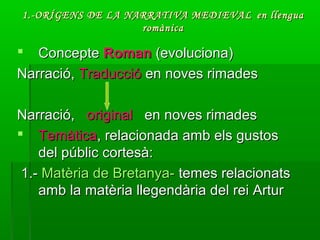 1.-ORÍGENS DE LA NARRATIVA MEDIEVAL1.-ORÍGENS DE LA NARRATIVA MEDIEVAL en llenguaen llengua
romànicaromànica
 ConcepteConcepte RomanRoman (evoluciona)(evoluciona)
Narració,Narració, TraduccióTraducció en noves rimadesen noves rimades
Narració,Narració, originaloriginal en noves rimadesen noves rimades
 TemàticaTemàtica, relacionada amb els gustos, relacionada amb els gustos
del públic cortesà:del públic cortesà:
1.-1.- Matèria de Bretanya-Matèria de Bretanya- temes relacionatstemes relacionats
amb la matèria llegendària del rei Arturamb la matèria llegendària del rei Artur
 