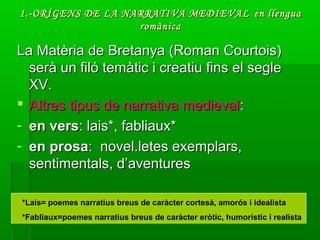 1.-ORÍGENS DE LA NARRATIVA MEDIEVAL1.-ORÍGENS DE LA NARRATIVA MEDIEVAL en llenguaen llengua
romànicaromànica
La Matèria de Bretanya (Roman Courtois)La Matèria de Bretanya (Roman Courtois)
serà un filó temàtic i creatiu fins el segleserà un filó temàtic i creatiu fins el segle
XV.XV.
 Altres tipus de narrativa medievalAltres tipus de narrativa medieval::
- en versen vers: lais*, fabliaux*: lais*, fabliaux*
- en prosaen prosa: novel.letes exemplars,: novel.letes exemplars,
sentimentals, d’aventuressentimentals, d’aventures
*Lais= poemes narratius breus de caràcter cortesà, amorós i idealista
*Fabliaux=poemes narratius breus de caràcter eròtic, humorístic i realista
 