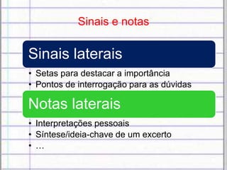 Sinais e notas
Sinais laterais
• Setas para destacar a importância
• Pontos de interrogação para as dúvidas
Notas laterais
• Interpretações pessoais
• Síntese/ideia-chave de um excerto
• …
 