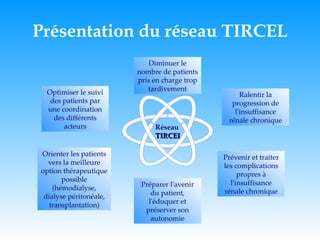 Présentation du réseau TIRCEL Optimiser le suivi des patients par une coordination des différents acteurs Diminuer le nombre de patients pris en charge trop tardivement Ralentir la progression de l'insuffisance rénale chronique Orienter les patients vers la meilleure option thérapeutique possible (hémodialyse, dialyse péritonéale, transplantation) Préparer l'avenir du patient, l'éduquer et préserver son autonomie Prévenir et traiter les complications propres à l'insuffisance rénale chronique Réseau TIRCEL 