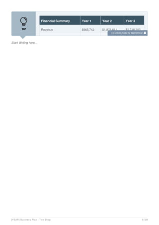 Start Writing here...
Financial Summary Year 1 Year 2 Year 3
Revenue $965,742 $1,878,611 $2,718,300
To unlock help try Upmetrics! 
[YEAR] Business Plan | Tire Shop 6 / 29
 