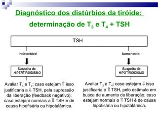 Diagnóstico dos distúrbios da tiróide:
determinação de T3 e T4 + TSH
TSH
Avaliar T3 e T4; caso estejam ⇑ isso
justificaria a ⇓ TSH, pela supressão
da liberação (feedback negativo);
caso estejam normais a ⇓ TSH é de
causa hipofisária ou hipotalâmica.
Avaliar T3 e T4; caso estejam ⇓ isso
justificaria o ⇑ TSH, pelo estímulo em
busca de aumento de liberação; caso
estejam normais o ⇑ TSH é de causa
hipofisária ou hipotalâmica.
 