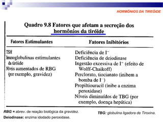 RBG = abrev. de reação biológica da gravidez.
Deiodinase: enzima idodado peroxidase.
HORMÔNIOS DA TIREÓIDE
TBG: globulina ligadora de Tiroxina.
 