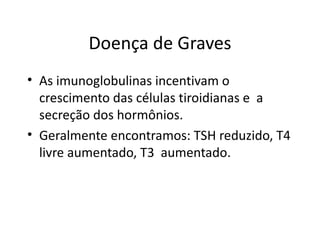 Doença de Graves As imunoglobulinas incentivam o crescimento das células tiroidianas e  a secreção dos hormônios. Geralmente encontramos: TSH reduzido, T4 livre aumentado, T3  aumentado.  
