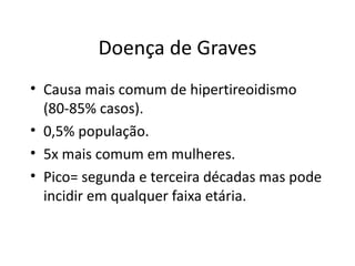 Doença de Graves Causa mais comum de hipertireoidismo (80-85% casos). 0,5% população. 5x mais comum em mulheres. Pico= segunda e terceira décadas mas pode incidir em qualquer faixa etária. 