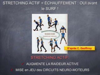 STRETCHING ACTIF = ÉCHAUFFEMENT : OUI avant
le SURF !
STRETCHING ACTIF:
 AUGMENTE LA RAIDEUR ACTIVE
 MISE en JEU des CIRCUITS NEURO-MOTEURS
D’après C. Geoffrroy
 