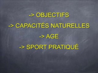 -> OBJECTIFS
-> CAPACITÉS NATURELLES
-> AGE
-> SPORT PRATIQUÉ
 