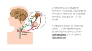 O TSH estimula a produção de
hormônios tireoidianos. O aumento do
nível desses hormônios no sangue faz
com que a produção de TSH seja
inibida.
A síntese exacerbada de hormônios
tiroxina (T4) e triiodotironina (T3),
causam algumas doenças como o
hipertireoidismo, já a falta gera o
hipotireoidismo.
 