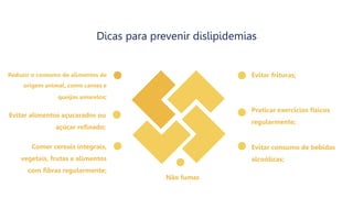 Reduzir o consumo de alimentos de
origem animal, como carnes e
queijos amarelos;
Evitar alimentos açucarados ou
açúcar refinado;
Evitar frituras;
Praticar exercícios físicos
regularmente;
Dicas para prevenir dislipidemias
Comer cereais integrais,
vegetais, frutas e alimentos
com fibras regularmente;
Evitar consumo de bebidas
alcoólicas;
Não fumar.
 
